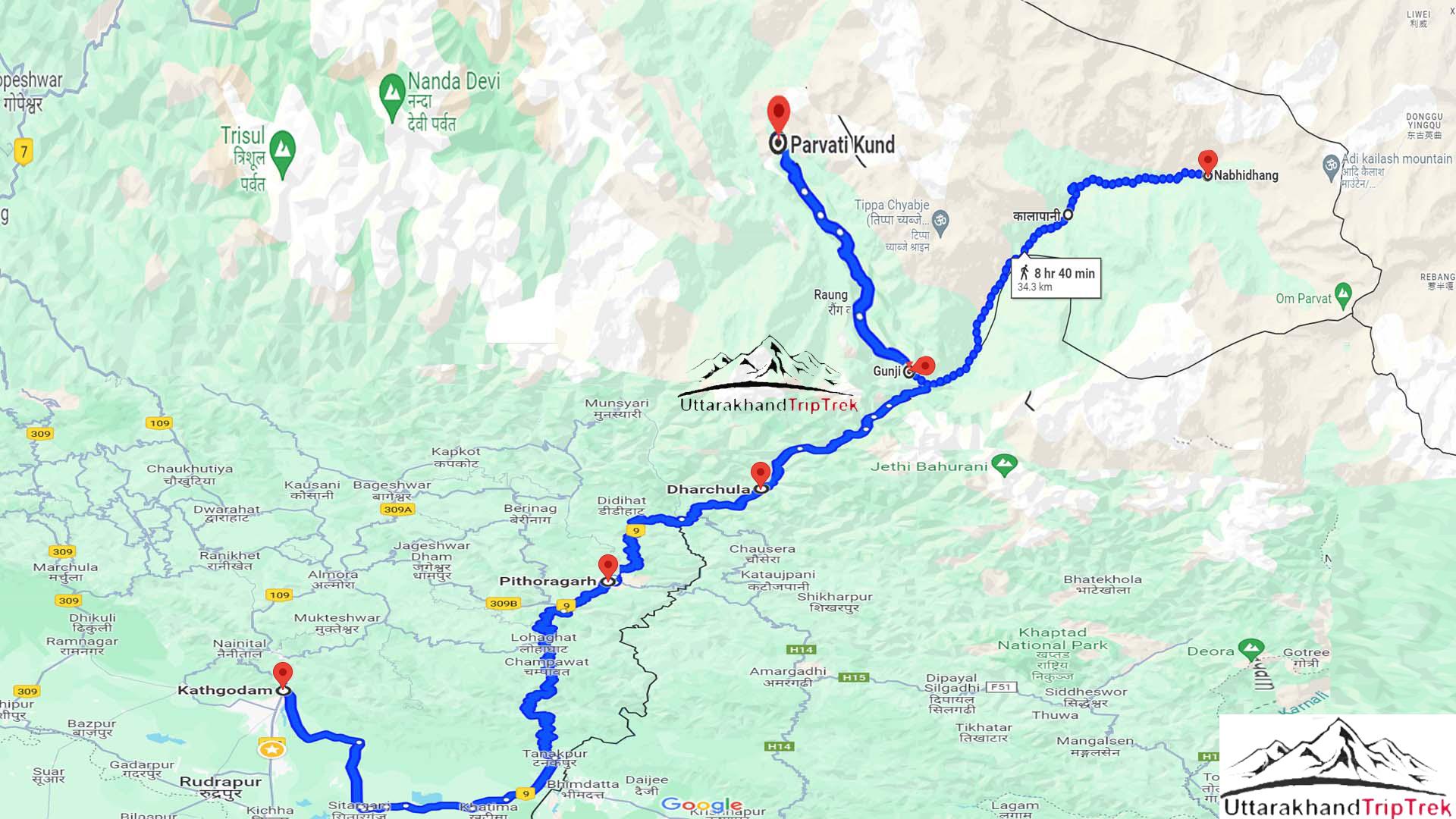 Adi Kailash Route Map