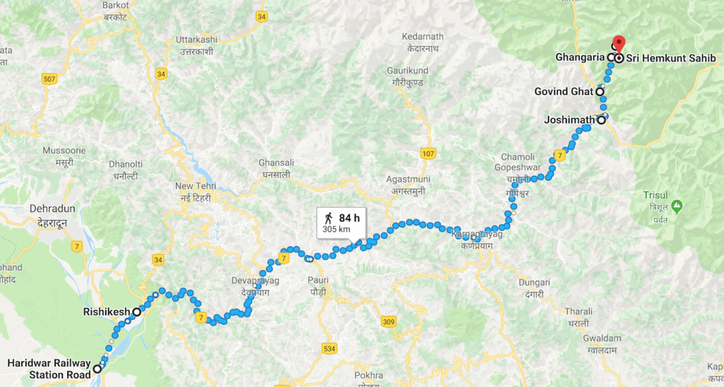 Route from Haridwar to Valley of Flower